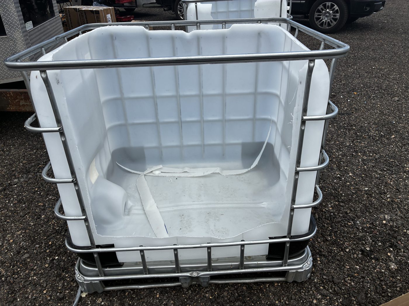 IBC tote with doorway opening cut
